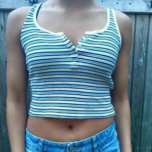 Forever 21 Blue and Yellow Striped Button Down Tank Top- Size S